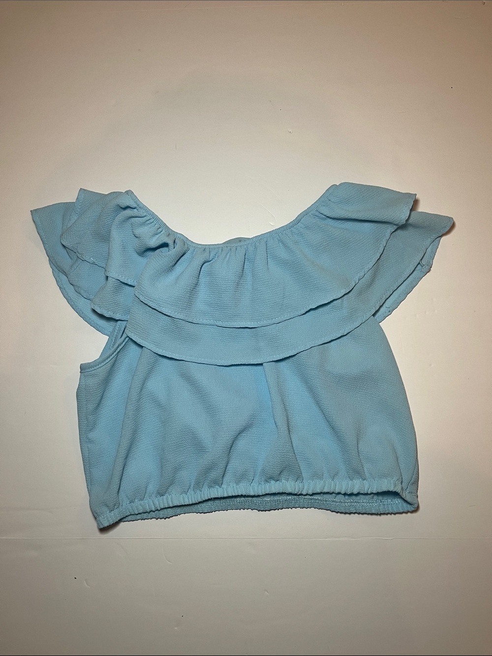 Light Blue Ruffled Off-Shoulder Cropped Top